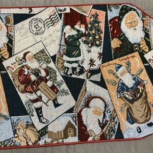 Vintage Tapestry Christmas Santa Claus Table Runner Needlepoint 34.75” X 12.25”